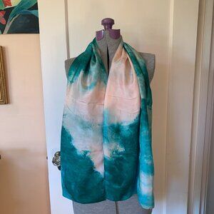 VTG Hand Dyed Silk Neck Scarf Hand Rolled Teal Green Watercolor Mottled 57x15"